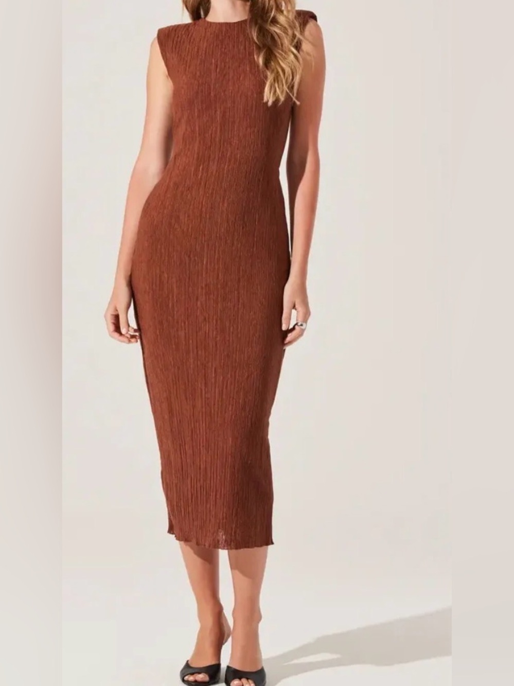 ASTR THE LABEL PLISSE BROWN RIBBED SLEEVELESS LONG COLUMN DRESS SZ XS